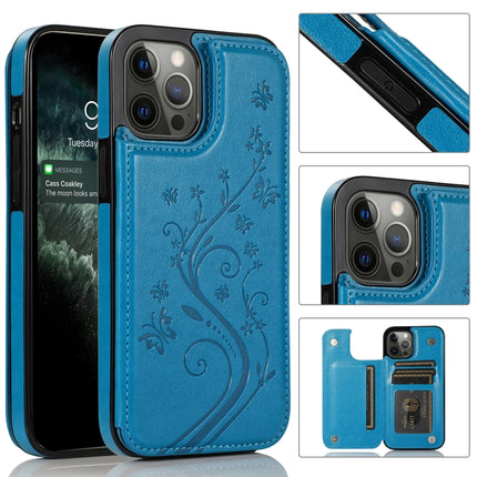 Butterflies Flowers Double Buckle PU + TPU Protective Case with Holder & Card Slots & Photo Frame(Blue)-garmade.com