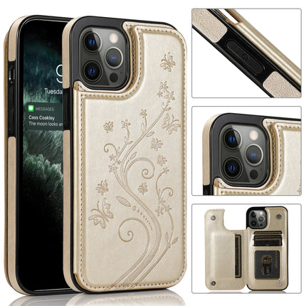Butterflies Flowers Double Buckle PU + TPU Protective Case with Holder & Card Slots & Photo Frame(Gold)-garmade.com