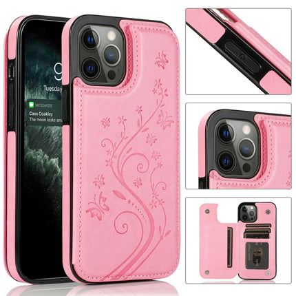 Butterflies Flowers Double Buckle PU + TPU Protective Case with Holder & Card Slots & Photo Frame(Pink)-garmade.com