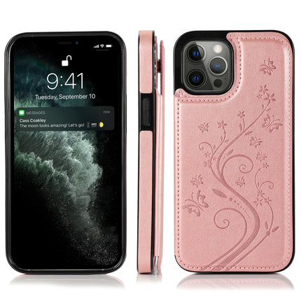 Butterflies Flowers Double Buckle PU + TPU Protective Case with Holder & Card Slots & Photo Frame (Rose Gold)-garmade.com
