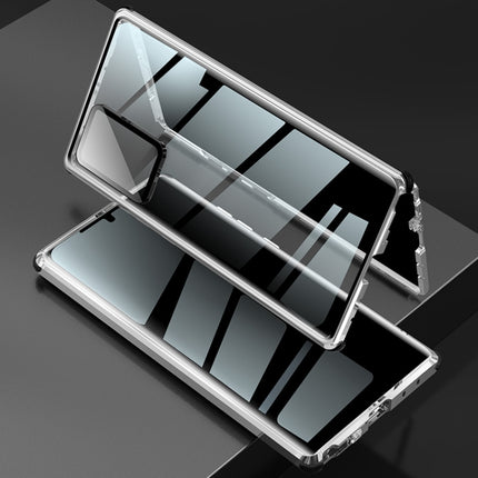 For Samsung Galaxy Note20 Ultra Four-corner Shockproof Anti-peeping Magnetic Metal Frame Double-sided Tempered Glass Case(Silver)-garmade.com