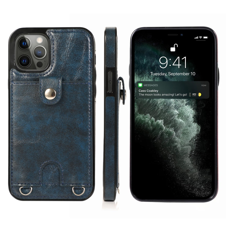Shockproof PU Leather + TPU Protective Case with Card Slot & Lanyard For iPhone 12 Pro Max(Blue)-garmade.com