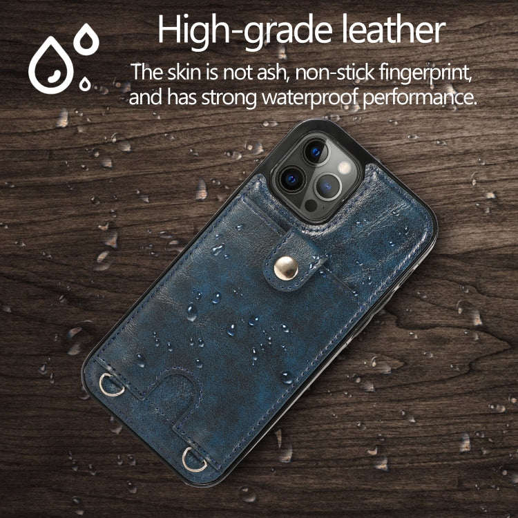Shockproof PU Leather + TPU Protective Case with Card Slot & Lanyard For iPhone 12 Pro Max(Blue)-garmade.com