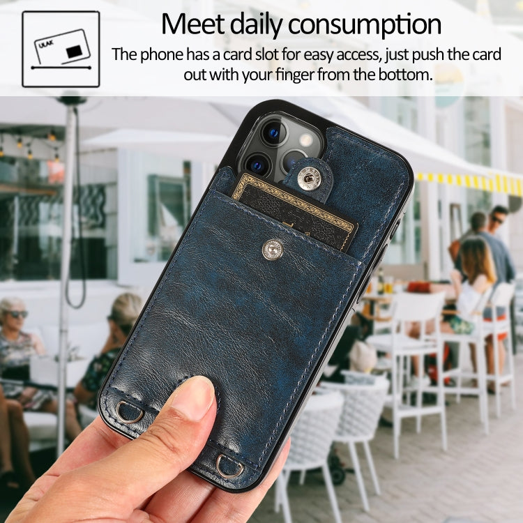 Shockproof PU Leather + TPU Protective Case with Card Slot & Lanyard For iPhone 12 Pro Max(Blue)-garmade.com