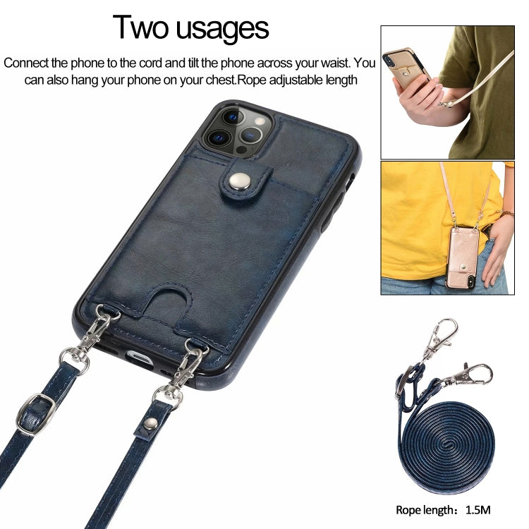 Shockproof PU Leather + TPU Protective Case with Card Slot & Lanyard For iPhone 12 Pro Max(Blue)-garmade.com