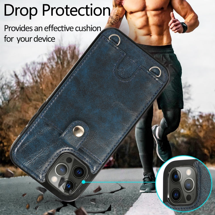 Shockproof PU Leather + TPU Protective Case with Card Slot & Lanyard For iPhone 12 Pro Max(Blue)-garmade.com