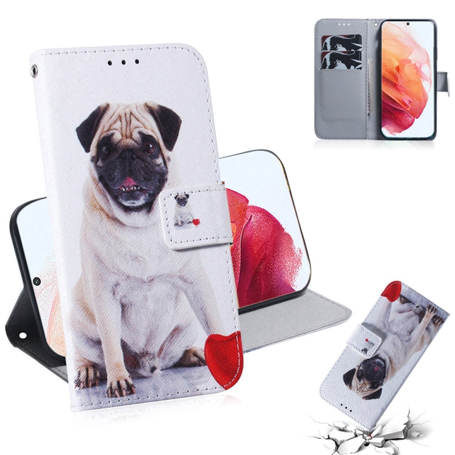 For Samsung Galaxy S21 5G Coloured Drawing Horizontal Flip Leather Case, with Holder & Card Slots & Wallet(Pug)-garmade.com