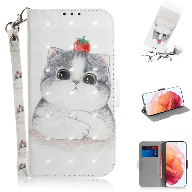 For Samsung Galaxy S21 5G 3D Colored Drawing Horizontal Flip Leather Case with Holder & Card Slots & Wallet & Lanyard(Cute Cat)-garmade.com