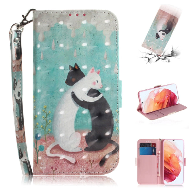 For Samsung Galaxy S21 5G 3D Colored Drawing Horizontal Flip Leather Case with Holder & Card Slots & Wallet & Lanyard(Black White Cat)-garmade.com