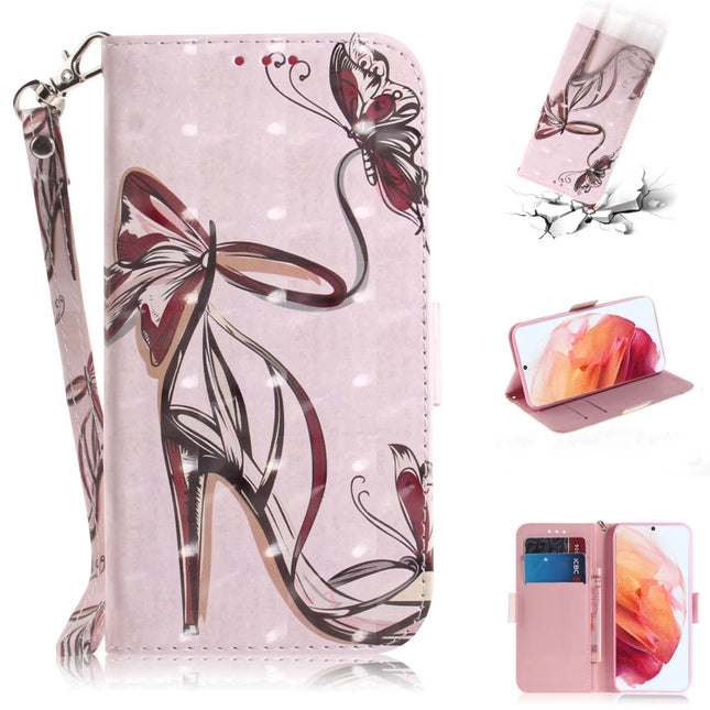 For Samsung Galaxy S21 5G 3D Colored Drawing Horizontal Flip Leather Case with Holder & Card Slots & Wallet & Lanyard(Butterfly High-heeled)-garmade.com