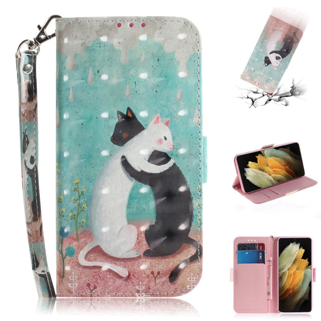 For Samsung Galaxy S21 Ultra 5G 3D Colored Drawing Horizontal Flip Leather Case with Holder & Card Slots & Wallet & Lanyard(Black White Cat)-garmade.com