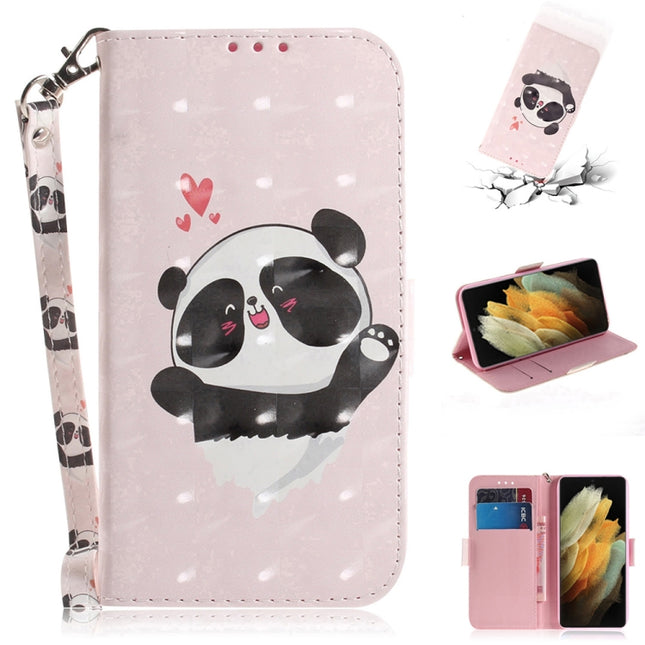 For Samsung Galaxy S21 Ultra 5G 3D Colored Drawing Horizontal Flip Leather Case with Holder & Card Slots & Wallet & Lanyard(Heart Panda)-garmade.com