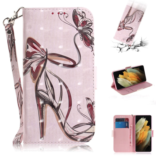 For Samsung Galaxy S21 Ultra 5G 3D Colored Drawing Horizontal Flip Leather Case with Holder & Card Slots & Wallet & Lanyard(Butterfly High-heeled)-garmade.com