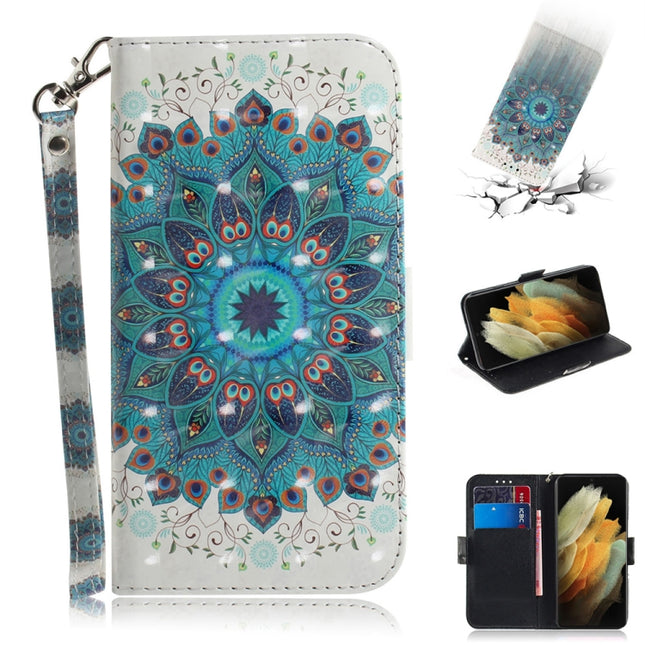 For Samsung Galaxy S21 Ultra 5G 3D Colored Drawing Horizontal Flip Leather Case with Holder & Card Slots & Wallet & Lanyard(Peacock Wreath)-garmade.com