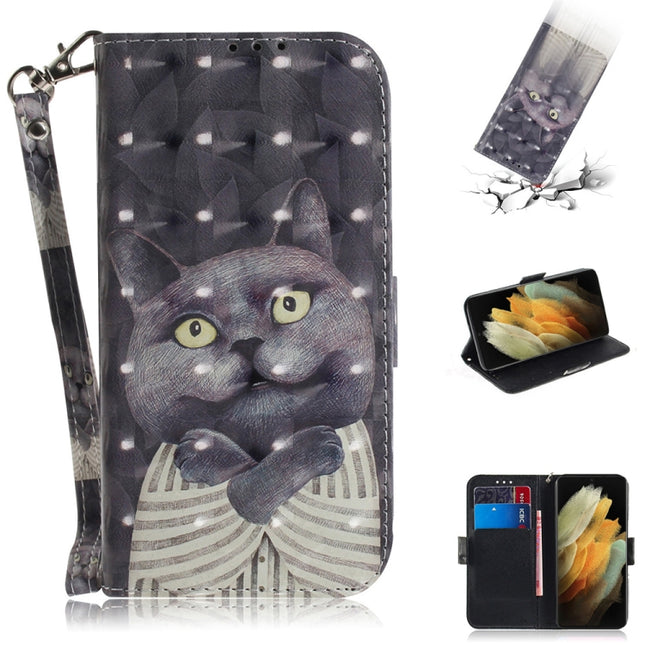 For Samsung Galaxy S21 Ultra 5G 3D Colored Drawing Horizontal Flip Leather Case with Holder & Card Slots & Wallet & Lanyard(Hug Cat)-garmade.com