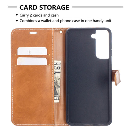 For Samsung Galaxy S21 5G Color Matching Denim Texture Horizontal Flip Leather Case with Holder & Card Slots & Wallet & Lanyard(Brown)-garmade.com