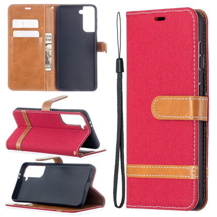 For Samsung Galaxy S21 5G Color Matching Denim Texture Horizontal Flip Leather Case with Holder & Card Slots & Wallet & Lanyard(Red)-garmade.com