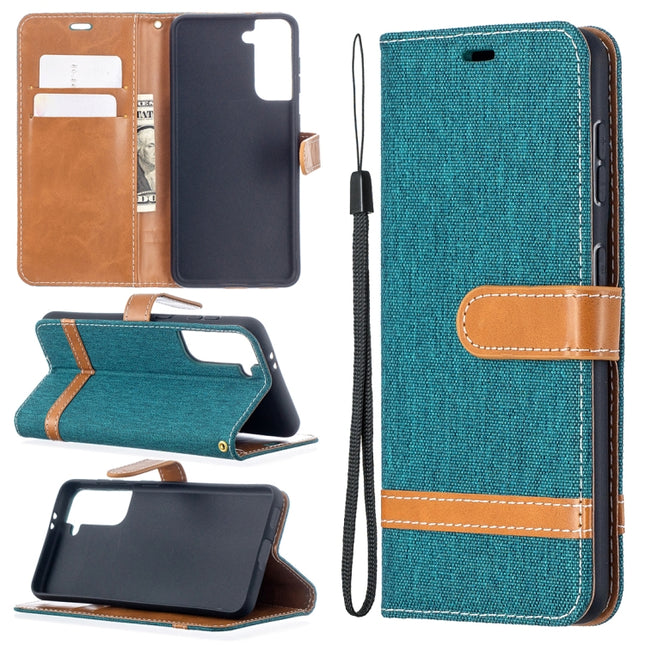 For Samsung Galaxy S21 5G Color Matching Denim Texture Horizontal Flip Leather Case with Holder & Card Slots & Wallet & Lanyard(Green)-garmade.com