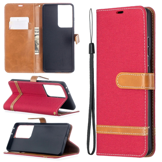 For Samsung Galaxy S21 Ultra 5G Color Matching Denim Texture Horizontal Flip Leather Case with Holder & Card Slots & Wallet & Lanyard(Red)-garmade.com