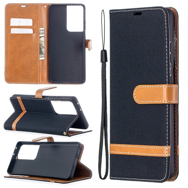 For Samsung Galaxy S21 Ultra 5G Color Matching Denim Texture Horizontal Flip Leather Case with Holder & Card Slots & Wallet & Lanyard(Black)-garmade.com