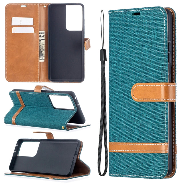 For Samsung Galaxy S21 Ultra 5G Color Matching Denim Texture Horizontal Flip Leather Case with Holder & Card Slots & Wallet & Lanyard(Green)-garmade.com