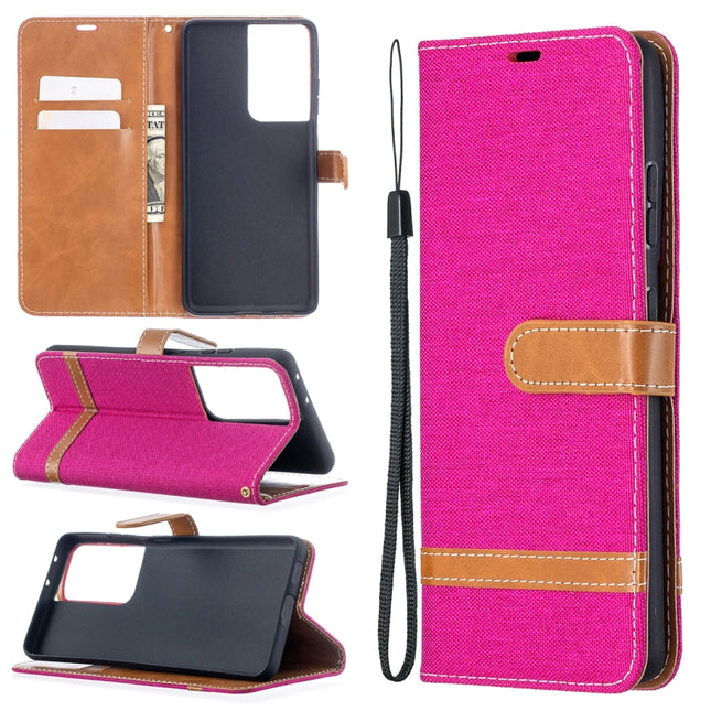 For Samsung Galaxy S21 Ultra 5G Color Matching Denim Texture Horizontal Flip Leather Case with Holder & Card Slots & Wallet & Lanyard(Rose Red)-garmade.com