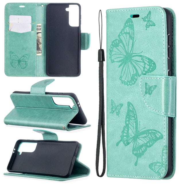 For Samsung Galaxy S21 5G Embossing Two Butterflies Pattern Horizontal Flip PU Leather Case with Holder & Card Slot & Wallet & Lanyard(Green)-garmade.com