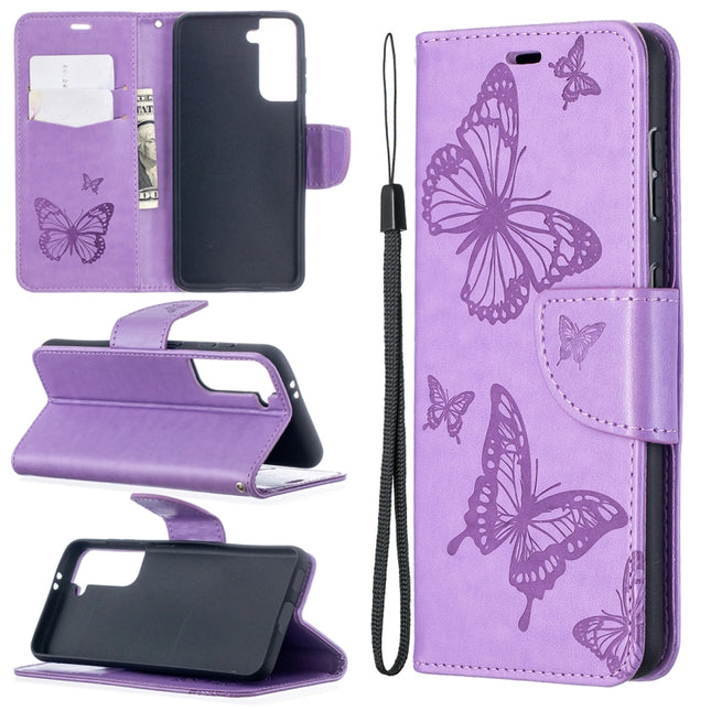 For Samsung Galaxy S21 5G Embossing Two Butterflies Pattern Horizontal Flip PU Leather Case with Holder & Card Slot & Wallet & Lanyard(Purple)-garmade.com