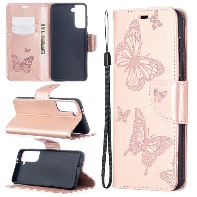 For Samsung Galaxy S21 5G Embossing Two Butterflies Pattern Horizontal Flip PU Leather Case with Holder & Card Slot & Wallet & Lanyard(Rose Gold)-garmade.com