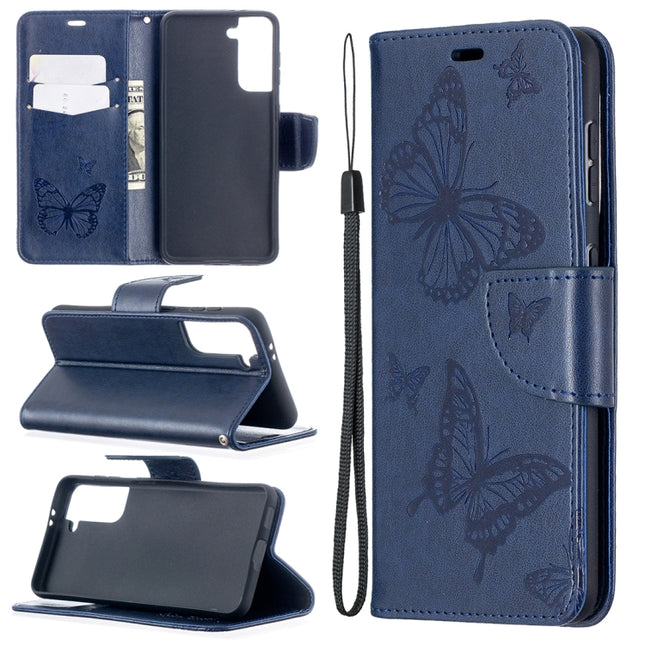 For Samsung Galaxy S21 5G Embossing Two Butterflies Pattern Horizontal Flip PU Leather Case with Holder & Card Slot & Wallet & Lanyard(Blue)-garmade.com