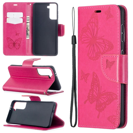 For Samsung Galaxy S21 5G Embossing Two Butterflies Pattern Horizontal Flip PU Leather Case with Holder & Card Slot & Wallet & Lanyard(Rose Red)-garmade.com