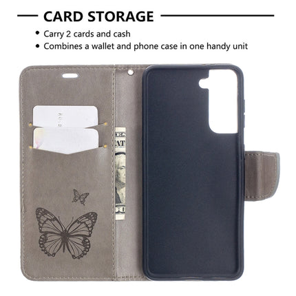For Samsung Galaxy S21 5G Embossing Two Butterflies Pattern Horizontal Flip PU Leather Case with Holder & Card Slot & Wallet & Lanyard(Grey)-garmade.com