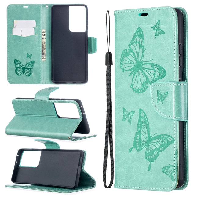 For Samsung Galaxy S21 Ultra 5G Embossing Two Butterflies Pattern Horizontal Flip PU Leather Case with Holder & Card Slot & Wallet & Lanyard(Green)-garmade.com