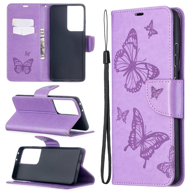 For Samsung Galaxy S21 Ultra 5G Embossing Two Butterflies Pattern Horizontal Flip PU Leather Case with Holder & Card Slot & Wallet & Lanyard(Purple)-garmade.com
