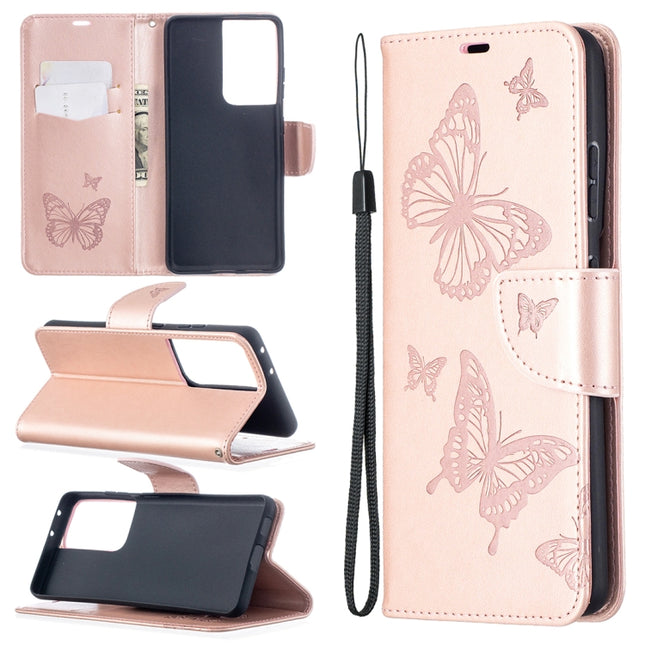 For Samsung Galaxy S21 Ultra 5G Embossing Two Butterflies Pattern Horizontal Flip PU Leather Case with Holder & Card Slot & Wallet & Lanyard(Rose Gold)-garmade.com