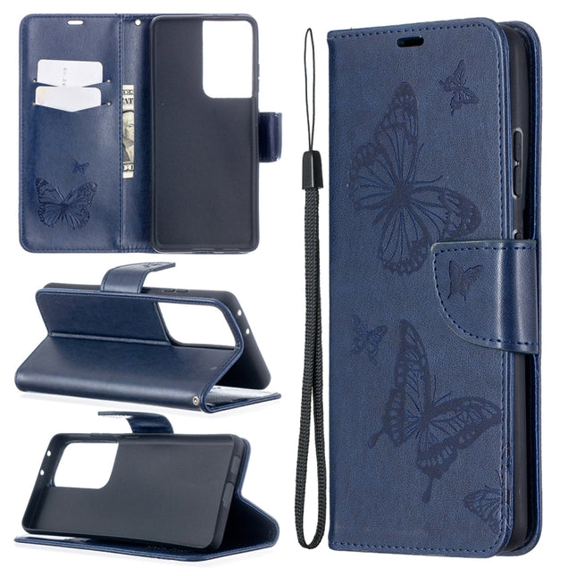 For Samsung Galaxy S21 Ultra 5G Embossing Two Butterflies Pattern Horizontal Flip PU Leather Case with Holder & Card Slot & Wallet & Lanyard(Blue)-garmade.com