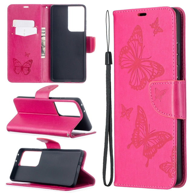 For Samsung Galaxy S21 Ultra 5G Embossing Two Butterflies Pattern Horizontal Flip PU Leather Case with Holder & Card Slot & Wallet & Lanyard(Rose Red)-garmade.com
