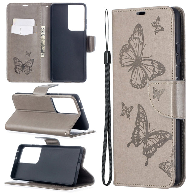 For Samsung Galaxy S21 Ultra 5G Embossing Two Butterflies Pattern Horizontal Flip PU Leather Case with Holder & Card Slot & Wallet & Lanyard(Grey)-garmade.com