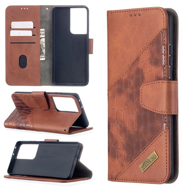 For Samsung Galaxy S21 Ultra 5G Matching Color Crocodile Texture Horizontal Flip PU Leather Case with Wallet & Holder & Card Slots(Brown)-garmade.com