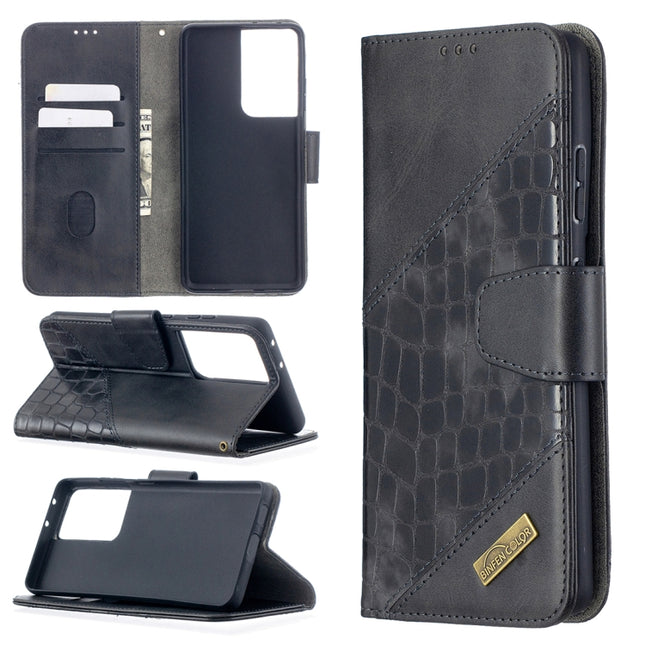 For Samsung Galaxy S21 Ultra 5G Matching Color Crocodile Texture Horizontal Flip PU Leather Case with Wallet & Holder & Card Slots(Black)-garmade.com