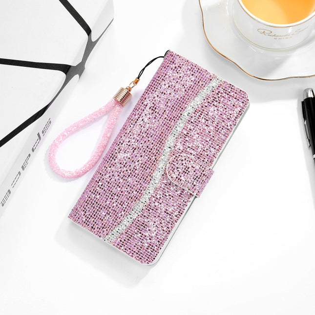 For Samsung Galaxy S21 Ultra 5G Glitter Powder Horizontal Flip Leather Case with Card Slots & Holder & Lanyard(Pink)-garmade.com
