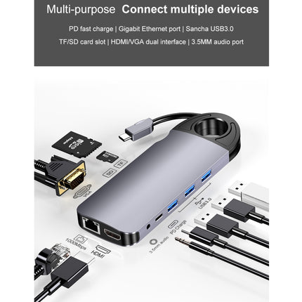 HW-TC28 10 In 1 USB 3.0 x3 + HDMI + VGA + SD + TF + PD + Ethernet Port + 3.5mm Port Multi-function Type-C / USB-C HUB Docking Station(Grey)-garmade.com