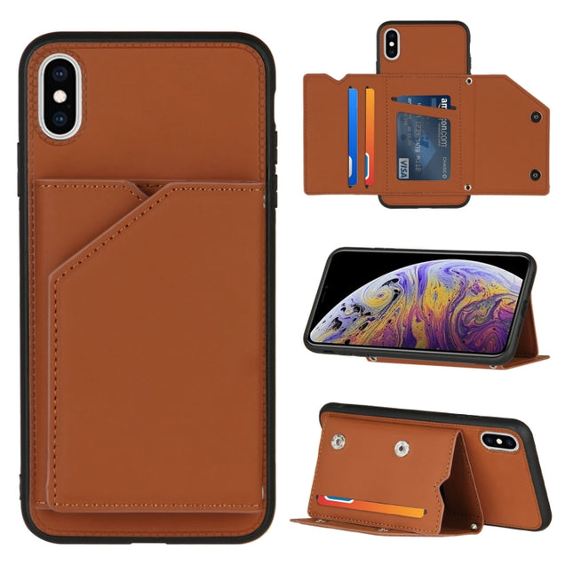 Skin Feel PU + TPU + PC Back Cover Shockproof Case with Card Slots & Holder & Photo Frame For iPhone X / XS(Brown)-garmade.com