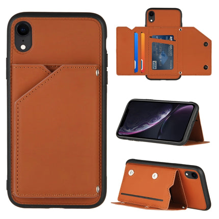 Skin Feel PU + TPU + PC Back Cover Shockproof Case with Card Slots & Holder & Photo Frame For iPhone XR(Brown)-garmade.com