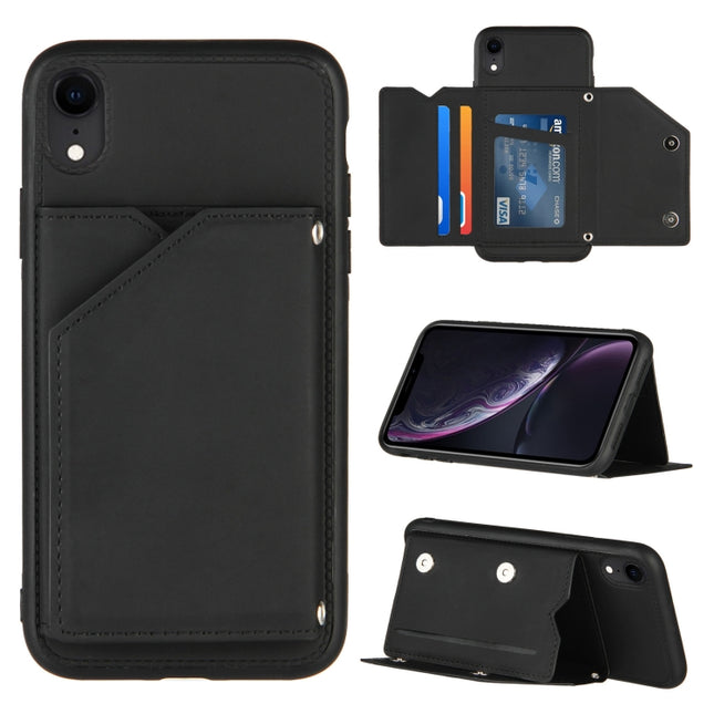 Skin Feel PU + TPU + PC Back Cover Shockproof Case with Card Slots & Holder & Photo Frame For iPhone XR(Black)-garmade.com