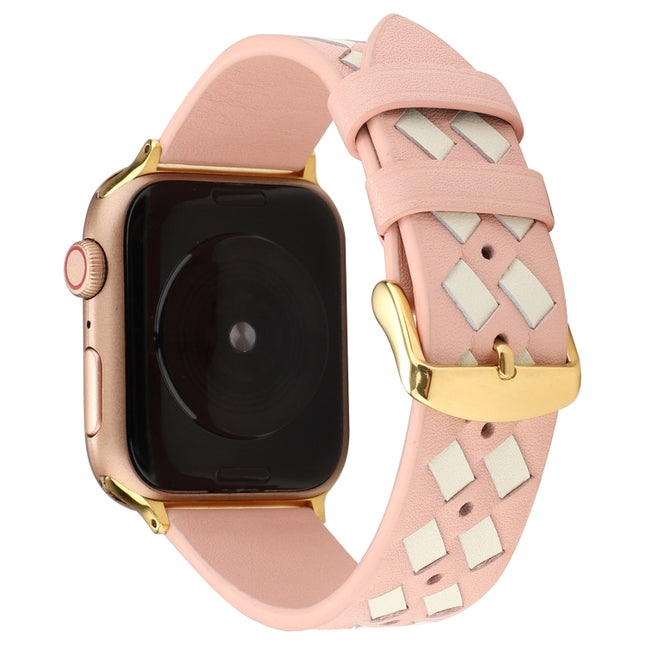 For Apple Watch Series 6 & SE & 5 & 4 44mm / 3 & 2 & 1 42mm Woven Pattern Genuine Leather Strap(Pink White)-garmade.com