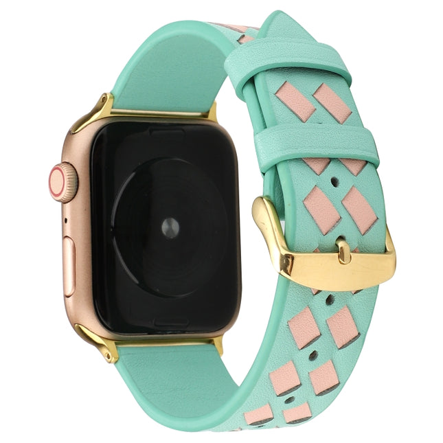 For Apple Watch Series 6 & SE & 5 & 4 44mm / 3 & 2 & 1 42mm Woven Pattern Genuine Leather Strap(Green Pink)-garmade.com