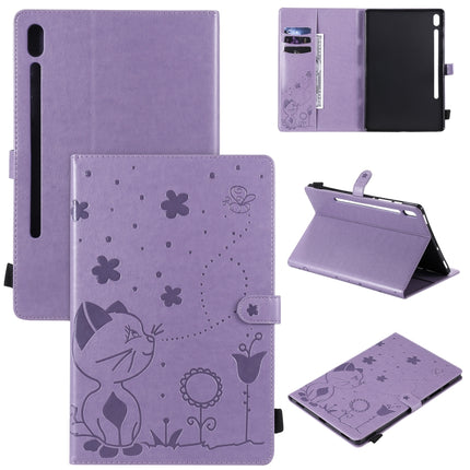 For Samsung Galaxy Tab S6 T860 Cat Bee Embossing Pattern Shockproof Table PC Protective Horizontal Flip Leather Case with Holder & Card Slots & Wallet & Pen Slot & Wake-up / Sleep Function(Purple)-garmade.com