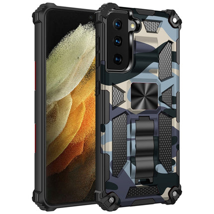 For Samsung Galaxy S21 Ultra 5G Camouflage Armor Shockproof TPU + PC Magnetic Protective Case with Holder(Baby Blue)-garmade.com