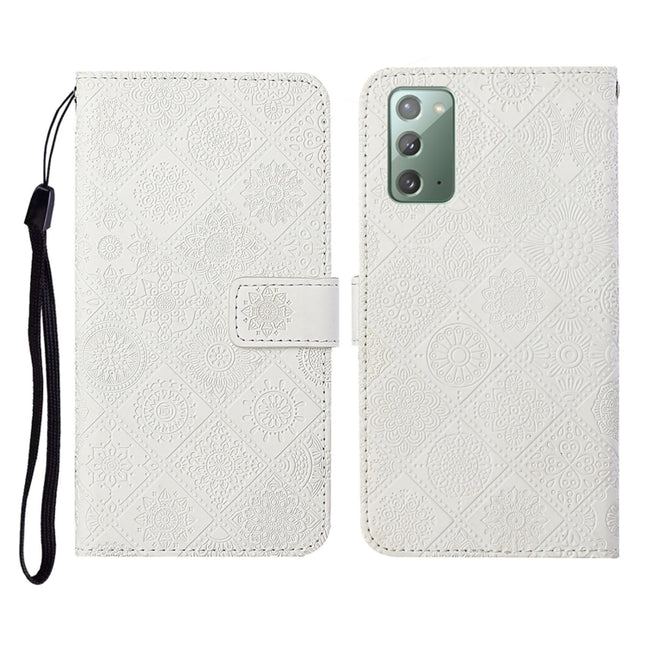 For Samsung Galaxy Note20 Ethnic Style Embossed Pattern Horizontal Flip Leather Case with Holder & Card Slots & Wallet & Lanyard(White)-garmade.com